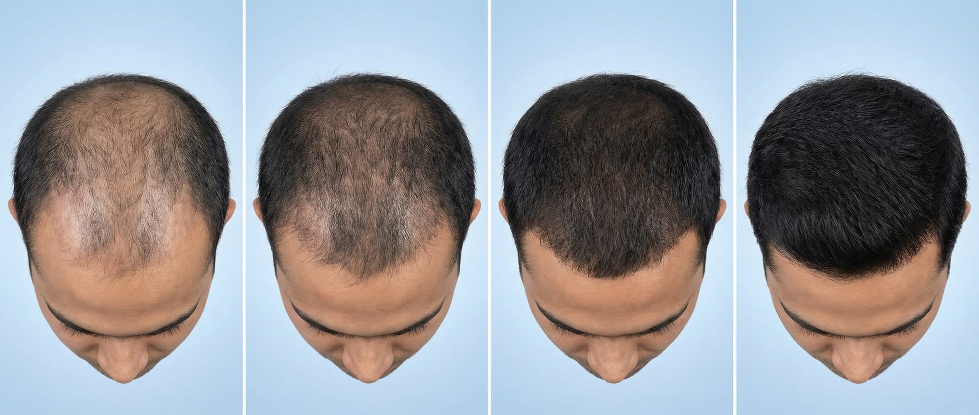 Minoxidil hair regrowth progression at crown showing density improvement over time