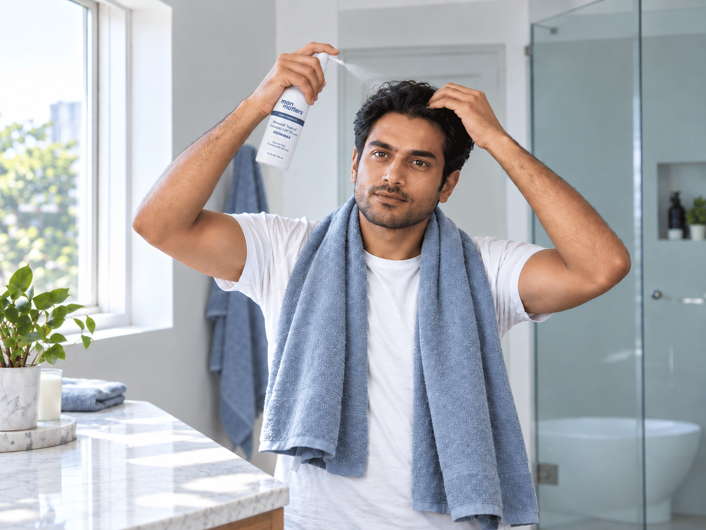 A man using minoxidil serum on his head, looking into a bathroom mirror, showcasing a grooming routine