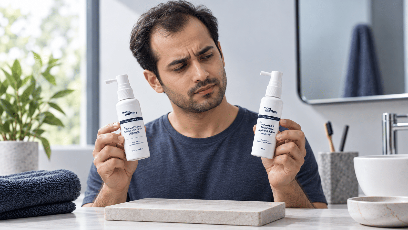 Man comparing minoxidil and minoxidil-finasteride solution 