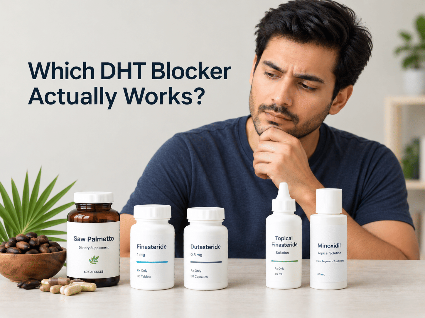 Man comparing DHT blocker options including saw palmetto, finasteride, dutasteride, topical finasteride, and minoxidil