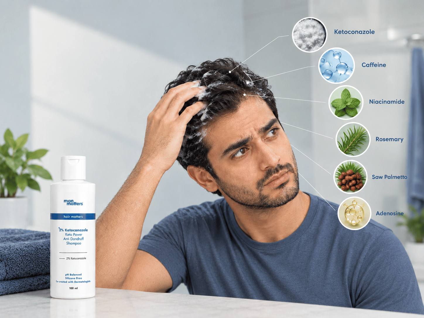 Man lathering his scalp with Man Matters 2% Ketoconazole Keto Power shampoo, with key shampoo ingredients labelled