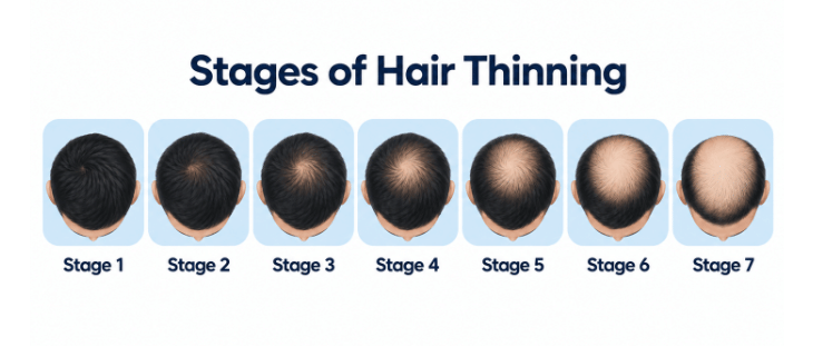 Norwood scale illustration showing 7 stages of male pattern hair thinning from Stage 1 to Stage 7