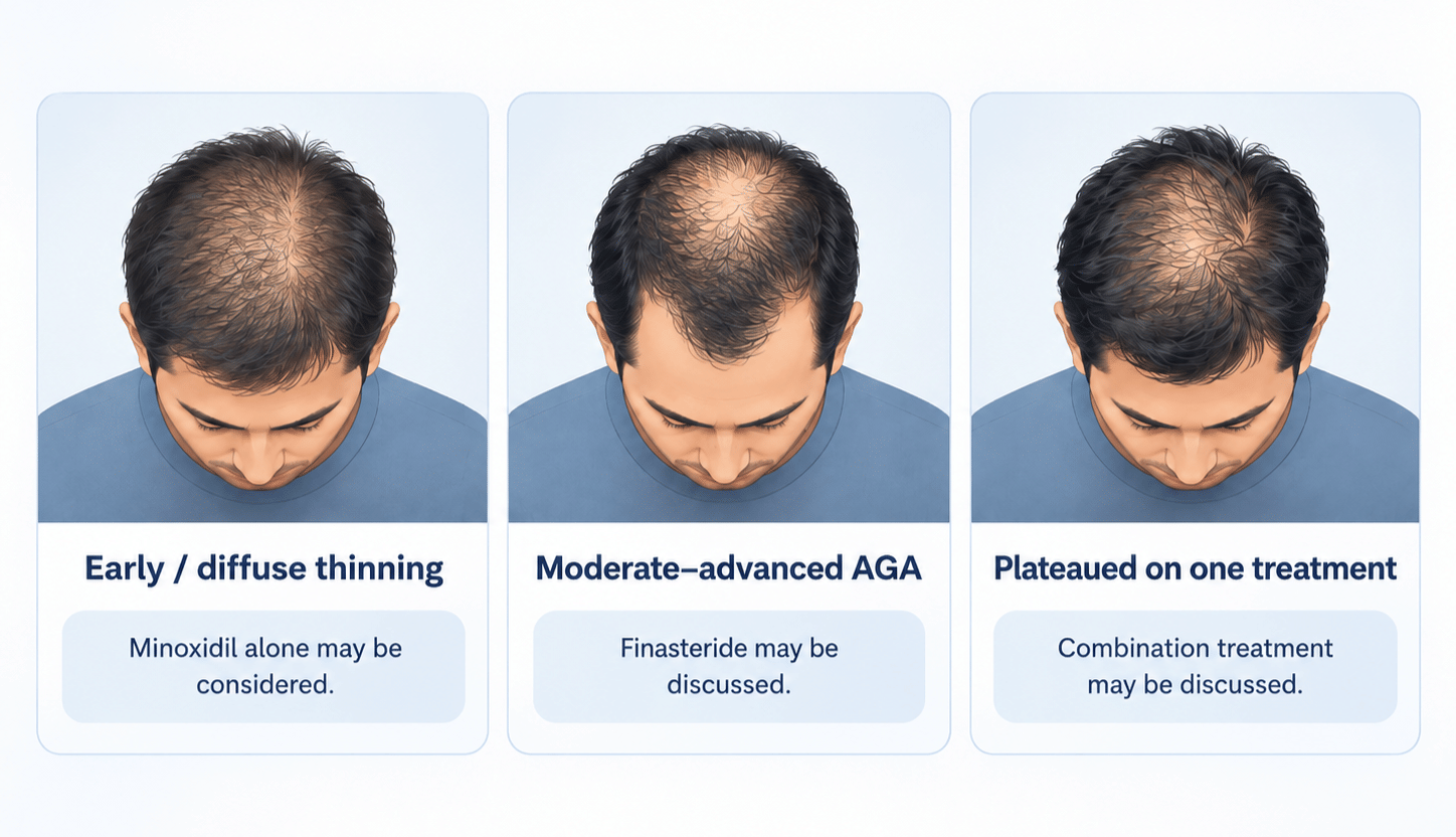 Minoxidil vs finasteride treatment guide for early thinning, moderate AGA, and plateaued hair loss stages
