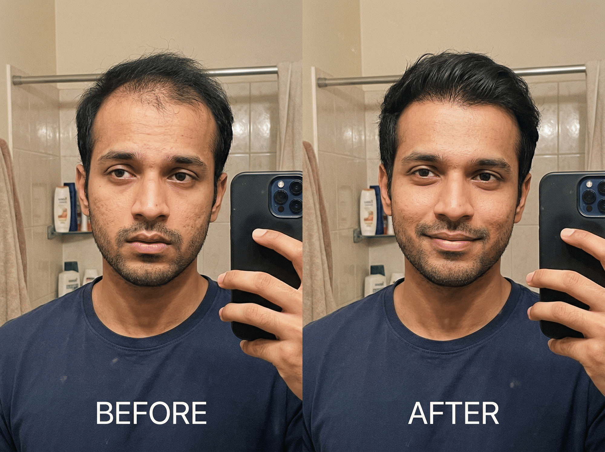 Before and after hair transformation photo showing finasteride treatment results