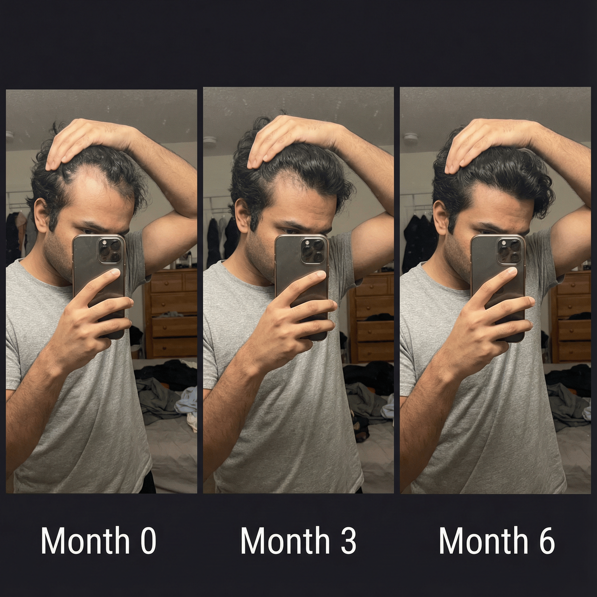 Tracking scalp and hair changes with monthly photos at Month 0, Month 3 and Month 6