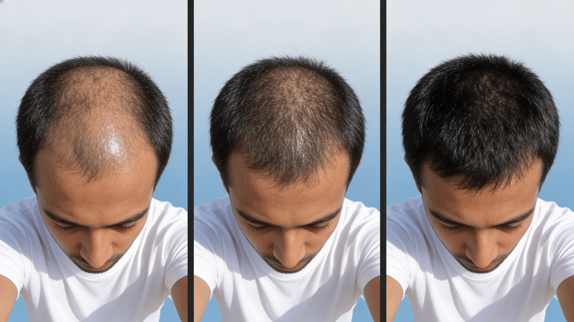 Crown hair density progression showing regrowth over months of consistent minoxidil use