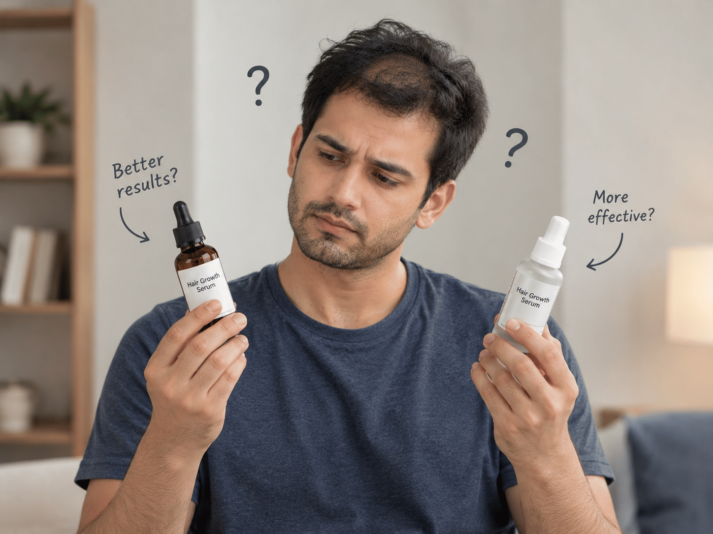 Man comparing hair growth serum while concerned about choosing the right fit for himself.
