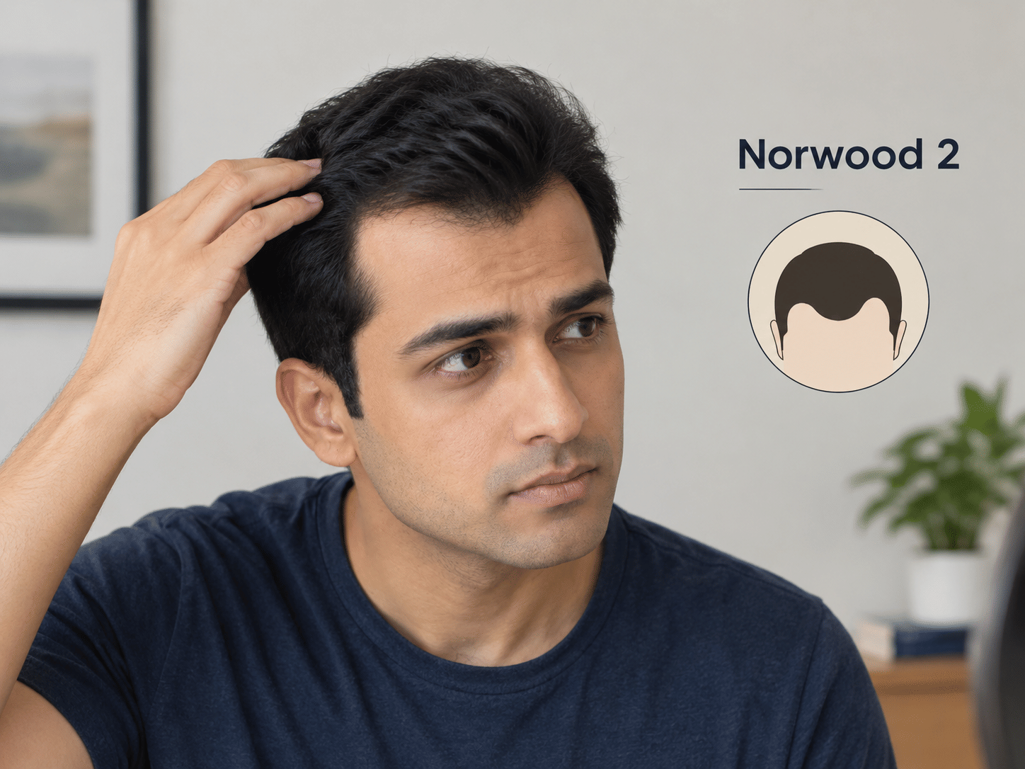 Young Indian man examining his M-shaped hairline, showing Norwood 2 hair loss, with a concerned expression.