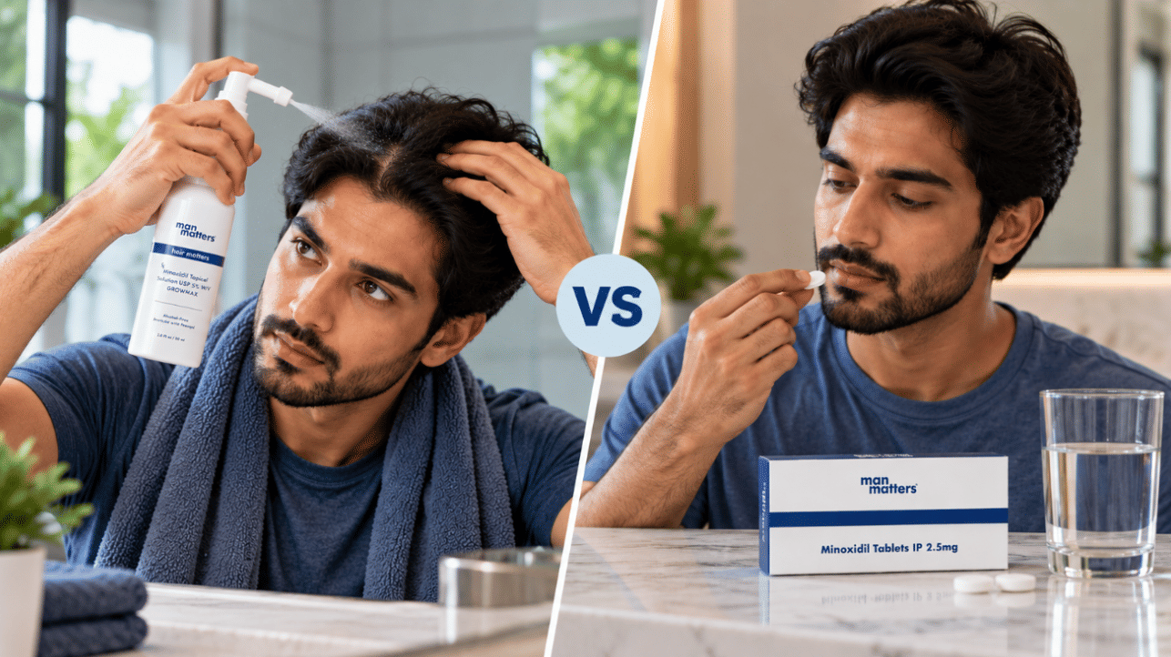 Man comparing topical Minoxidil and oral Minoxidil Tablets side by side for hair loss