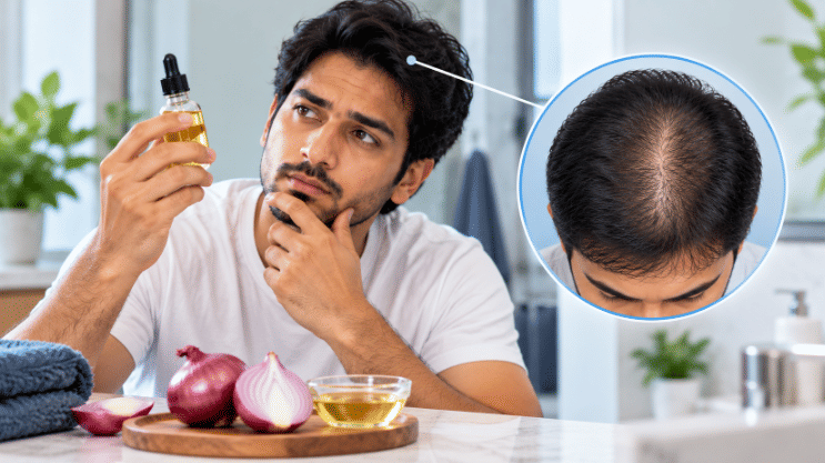 Man examining onion hair oil with thinning hair on the crown, illustrating concerns about onion oil for hair regrowth.