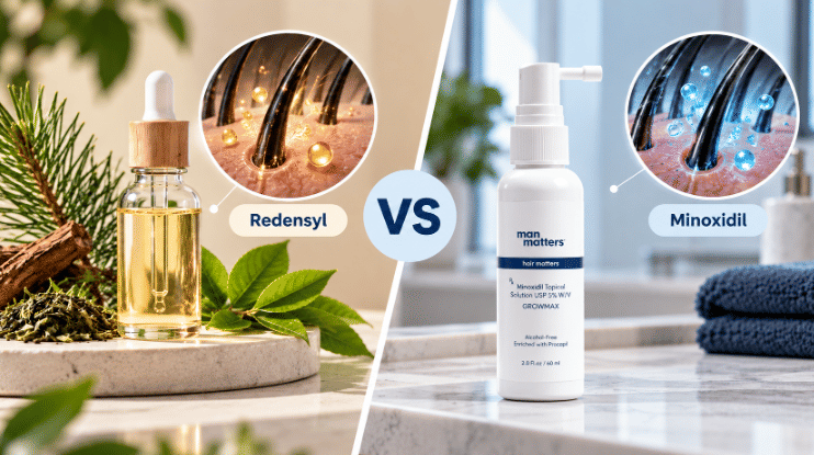 Comparison of Redensyl hair serum and Minoxidil solution with follicle illustrations
