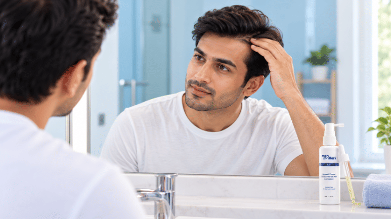Man using topical minoxidil for hair loss treatment