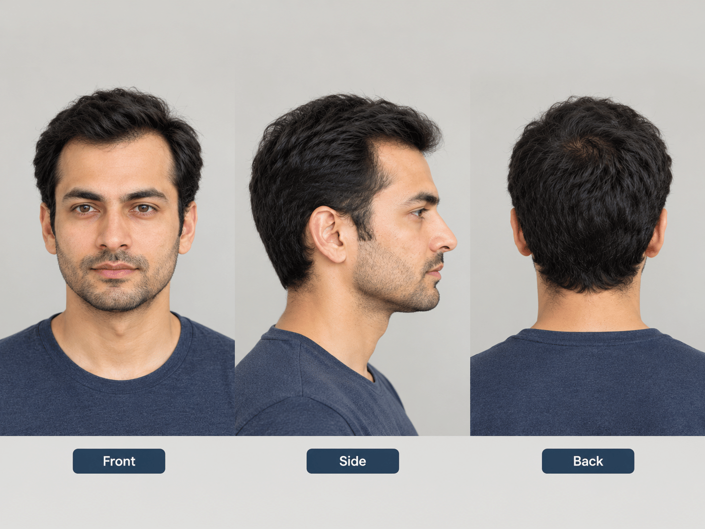 Norwood 2 hairline shown from front, side and back views with mild temple recession and overall hair density.