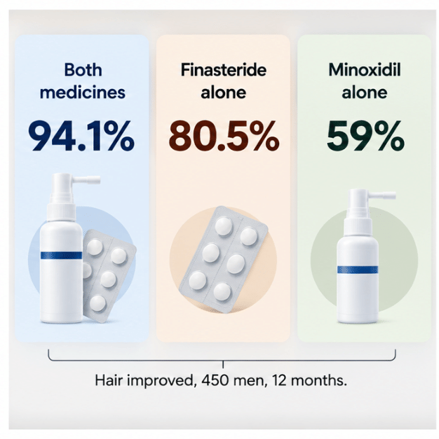 Hair improved in 94.1% of men on both medicines, 80.5% on finasteride alone and 59% on minoxidil alone
