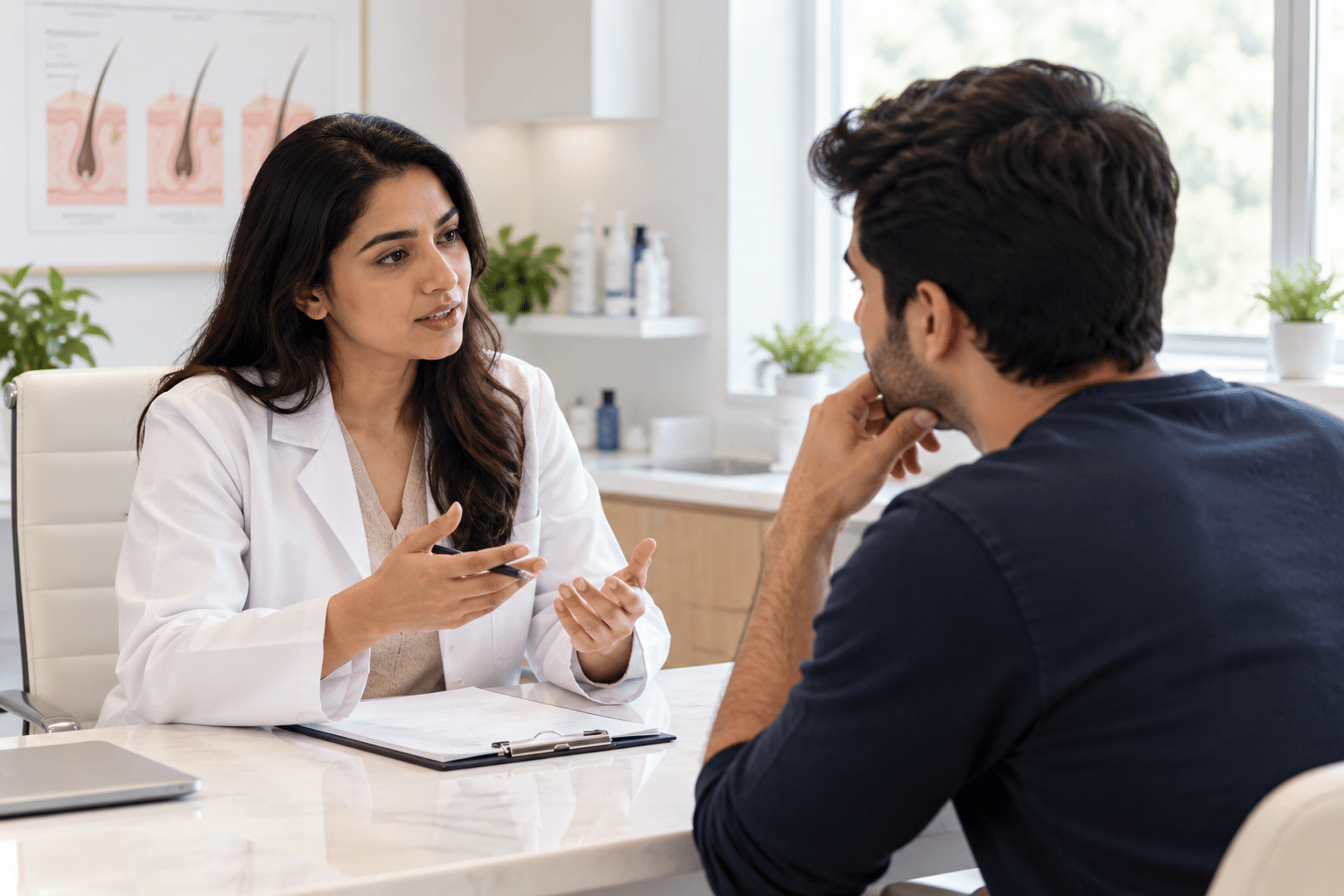 Dermatologist talking to a male patient in a clinic