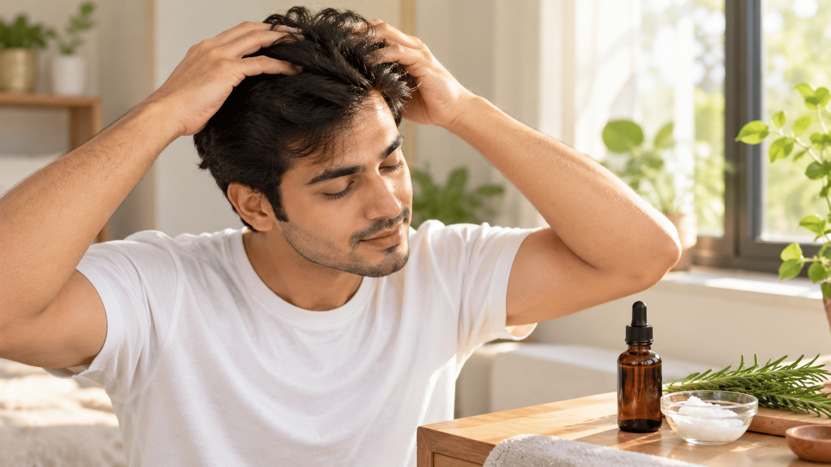 बालों और स्कैल्प पर उंगलियों से हल्की मालिश करता हुआ पुरुष, पास में रोजमेरी तेल की बोतल