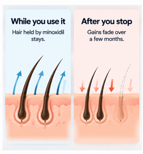 Hair held by minoxidil stays while you use it and gains fade over a few months after you stop