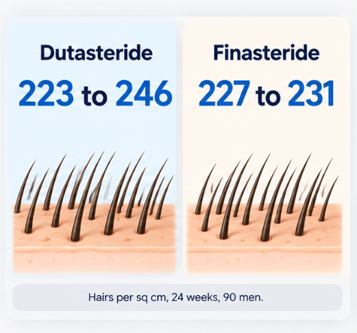 Hair count in the Mumbai trial: dutasteride rose from 223 to 246 and finasteride from 227 to 231 hairs per square cm