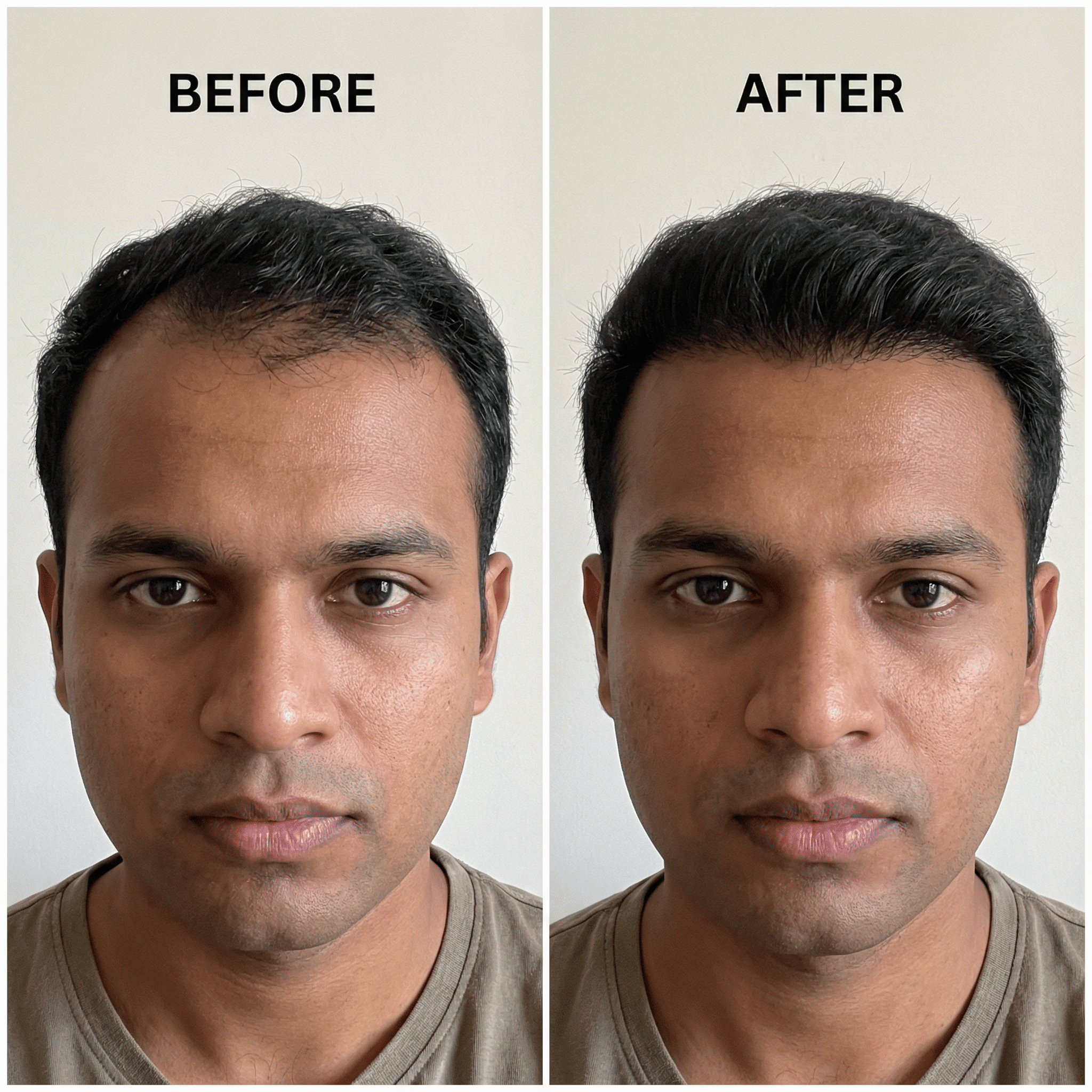 Before and after comparison showing results from a minoxidil-based hair growth serum